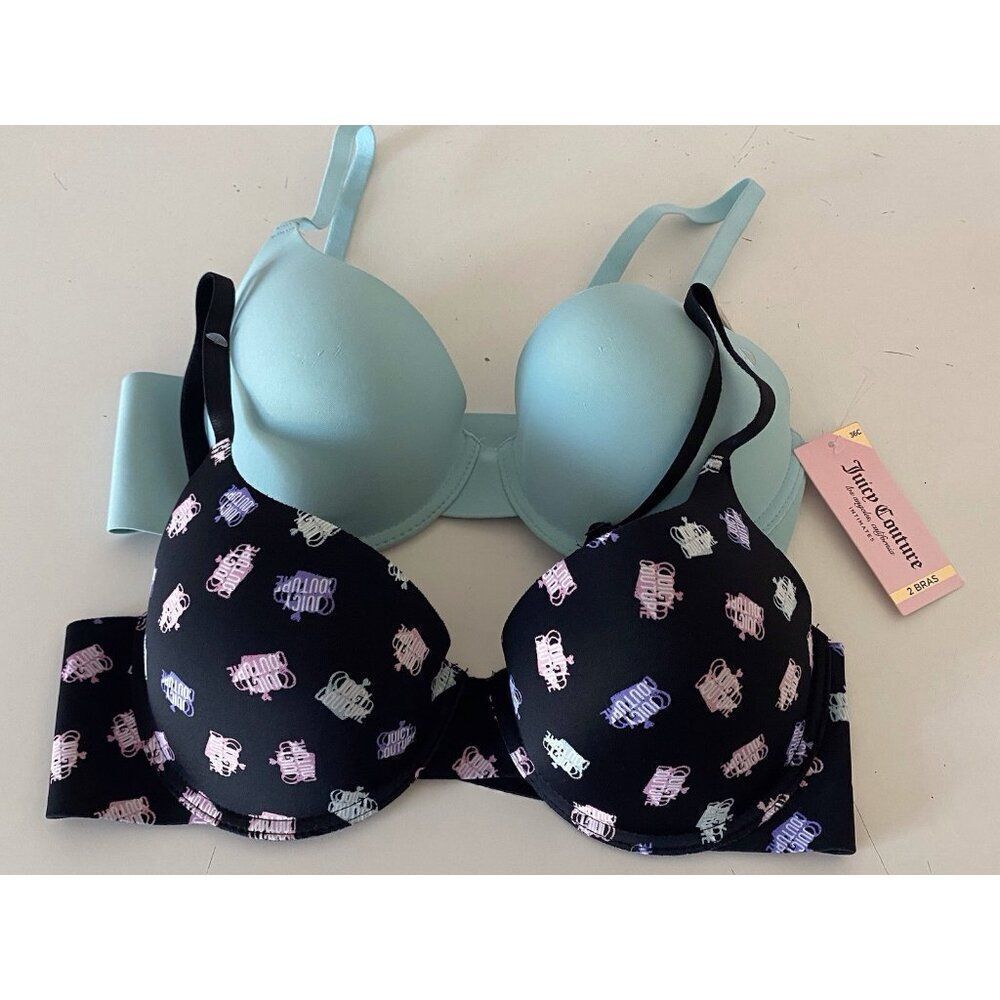 2 Pack Juicy Couture Sexy Push Up Bra JC5301 Teal Black‎ Crown Logo  Sz 36C NEW